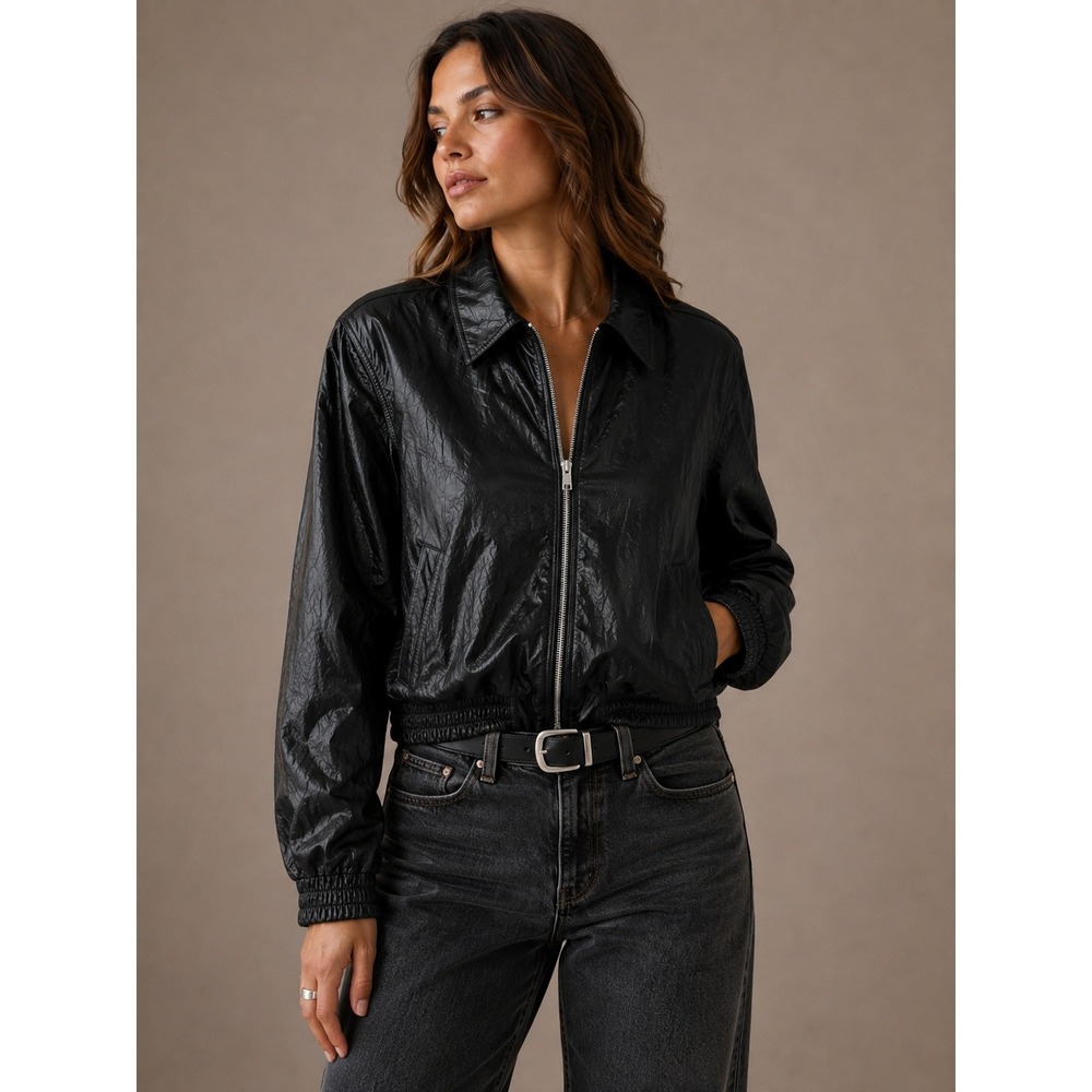 Zara Women Jacket XL Black Textured Faux satin Bomber Elastic Hem Zip Up